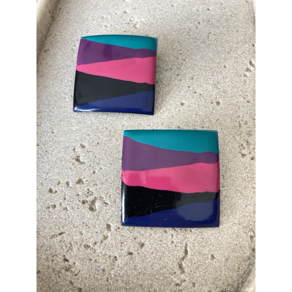 Vintage 80s 90s Colorblock Earrings Teal Pink Purple Navy Black Studs Statement